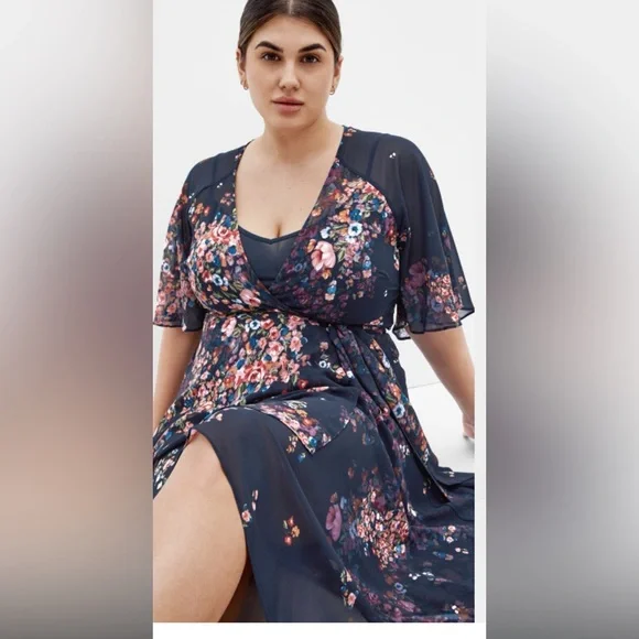 NWT City Chic Floral Navy  Wrap Maxi High low size 18 🌸BC BAG 07 - Picture 2 of 7